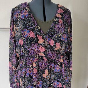 NEW Free People Teegan Long Sleeve Black  Floral Mini Dress Boho Flowy Size L